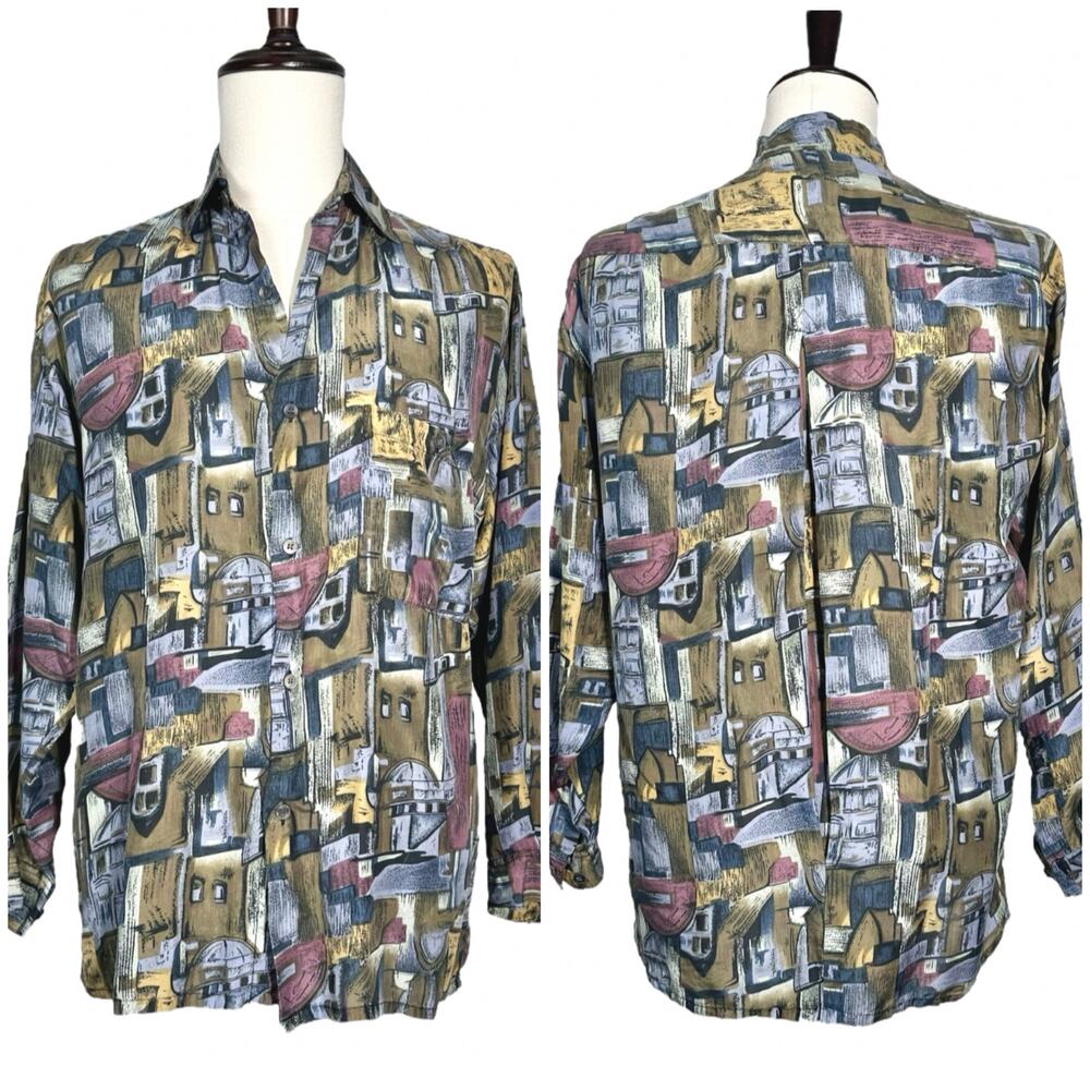 Prism | Men | Vintage 100% Silk Abstract Cityscape LS Button Up Shirt | Sz Small